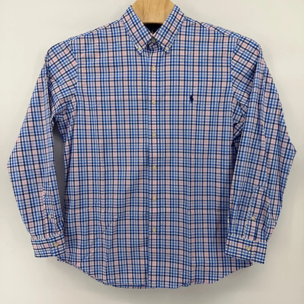 Polo Ralph Lauren Button Down Mens Large Blue Pink Check Performance Classic Fit